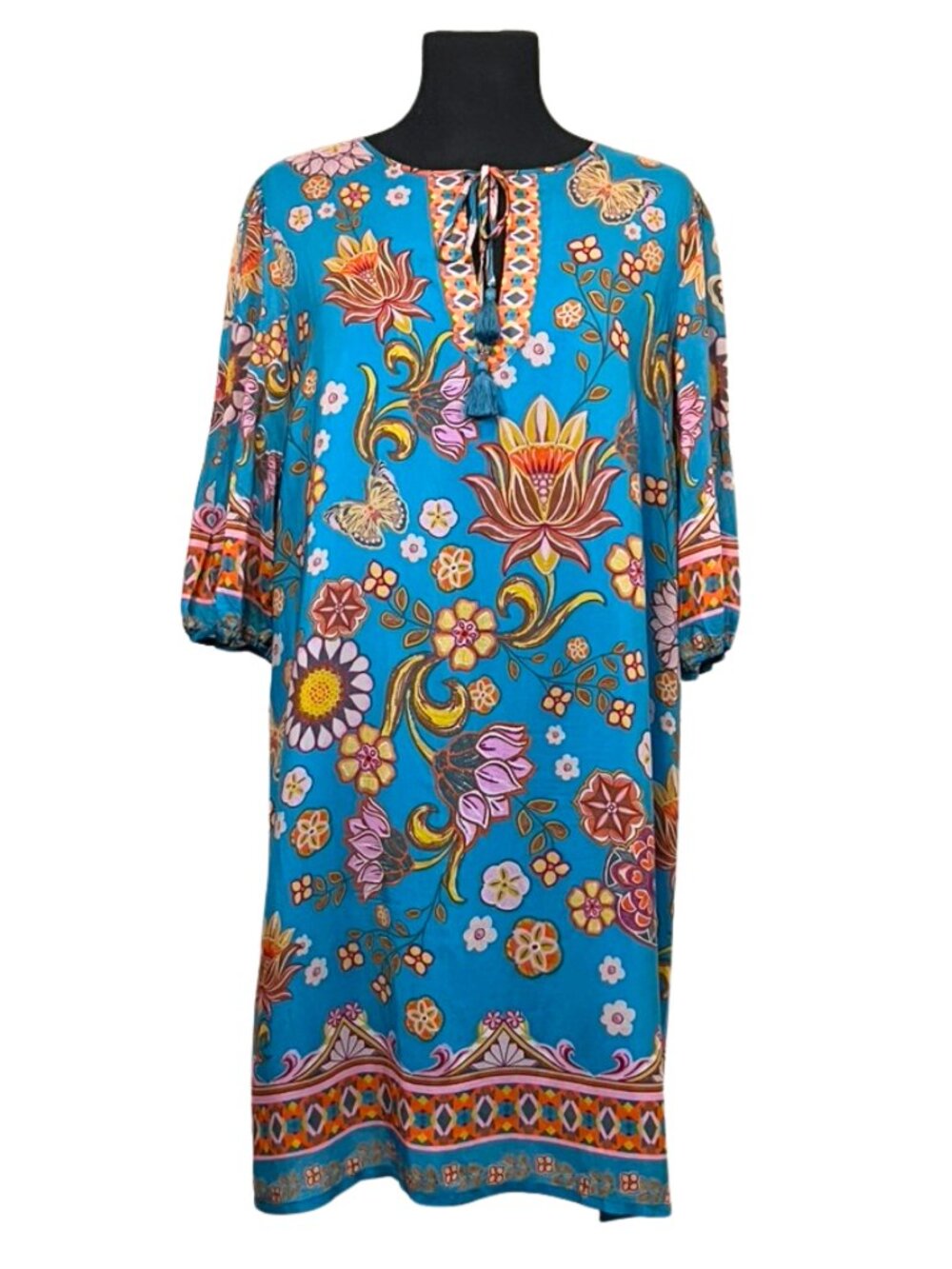 Johnny Was Lavinia Blue Floral Boho Dress Size L